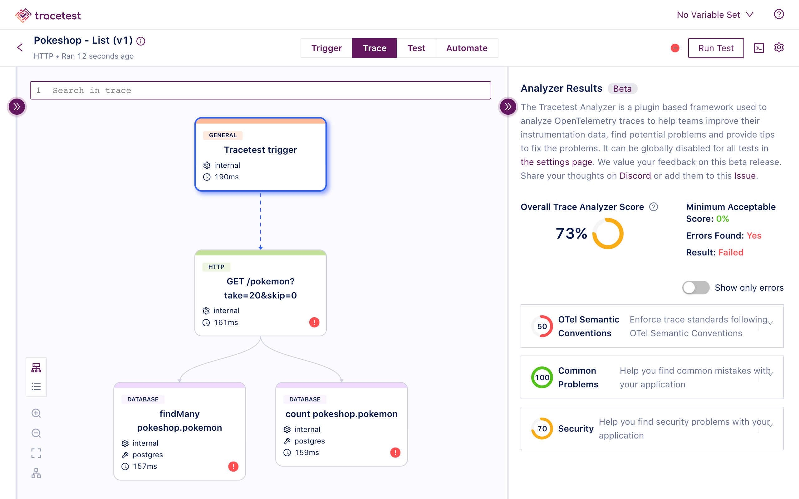 Tracetest distributed trace test run view
